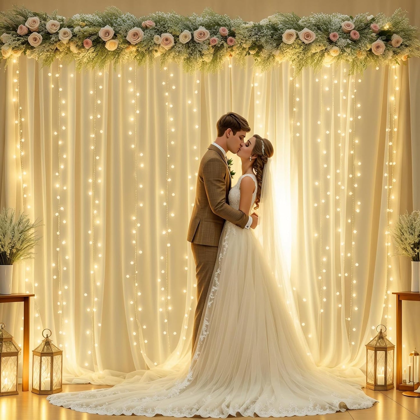 gogoparti 20x10ft Champagne Tulle Backdrop Curtains with Lights for Party Wedding Baby Shower, Sheer Wrinkle Free Backdrop Curtains for Birthday Party Photo Booth Background Decoration