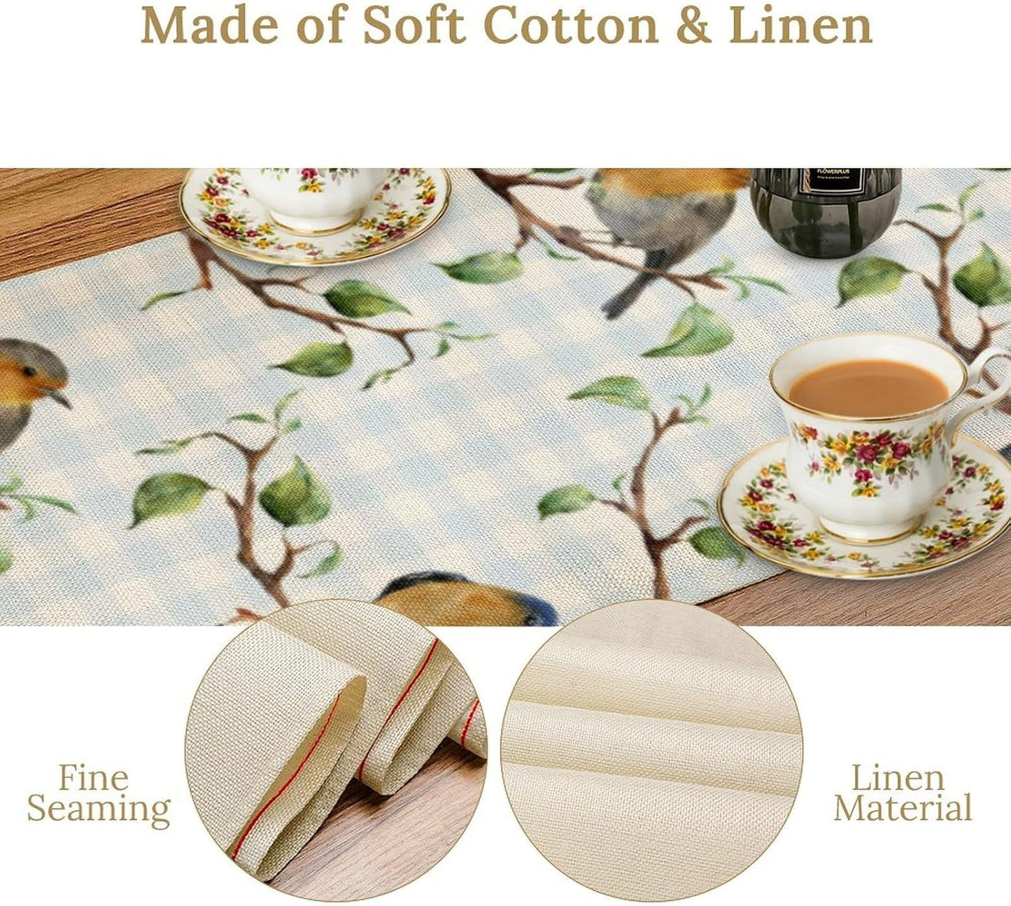 Bird Table Runner,Spring Birds Tree Blue Plaid Print Table Runner for Kitchen Dining Table Decoration Home Party Decor 13x36 Inch