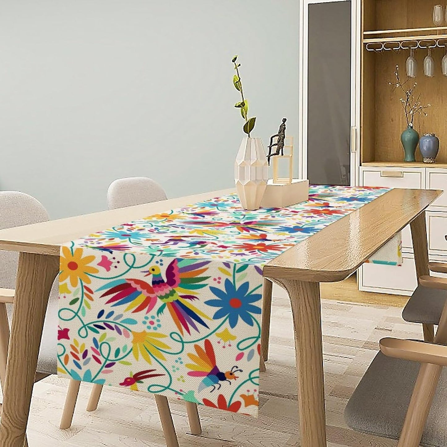 Mexican Table Runner,Boho Colorful Nature Inspired Flowers and Birds Table Cloth Kitchen Dining Table Home Party Decoration 13x72 Inch