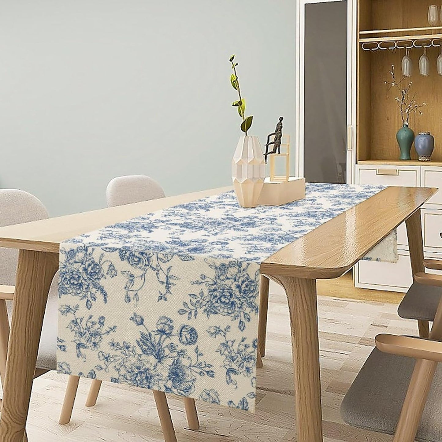 Floral Table Runner, Retro Blue Flower Chinoiserie Sketch Pattern Print Table Runner for Kitchen Dinning Table Runner Decor Home Wedding Party Holiday, 13x108 Inch