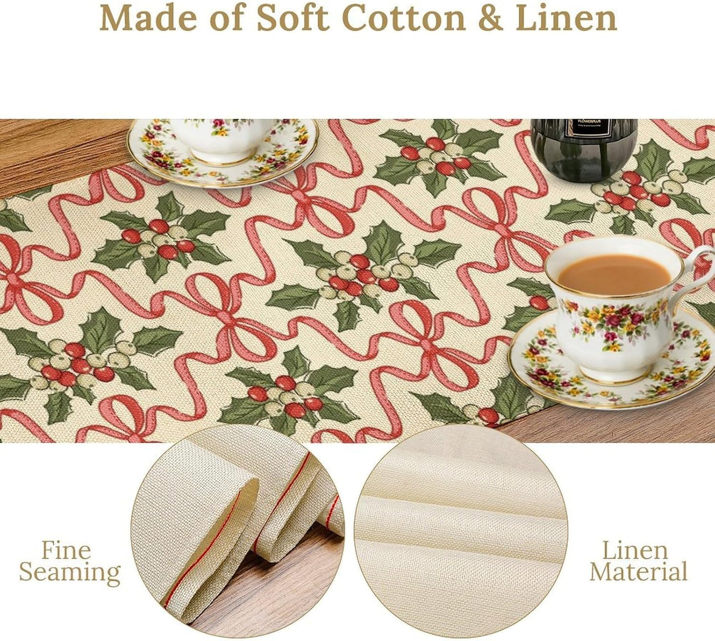 Christmas Table Runner,Xmas Holiday Bowknot Decor Table Cloth Kitchen Dining Table Decoration for Home Party Decor 13x60 Inch