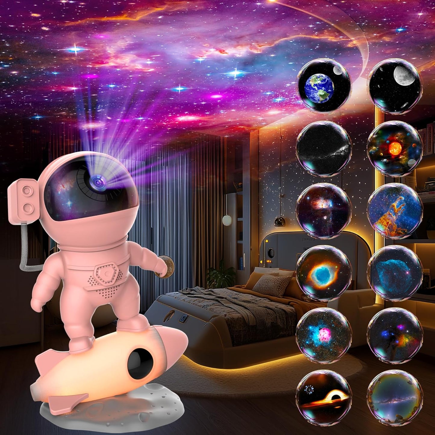 Star Projector, Astronaut Galaxy Projector for Bedroom, 12 in 1 HD Planetarium Projector with Timer & Rocket Night Lights, 360° Rotating Galaxy Star Night Light Projector for Kids Gifts