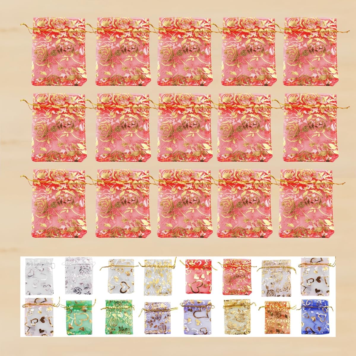 100 Pack 2.8 x 3.5 Inch Flower Heart Organza Jewelry Gift Pouch Candy Pouch Drawstring Wedding Favor Bags B511S (red gold flower)