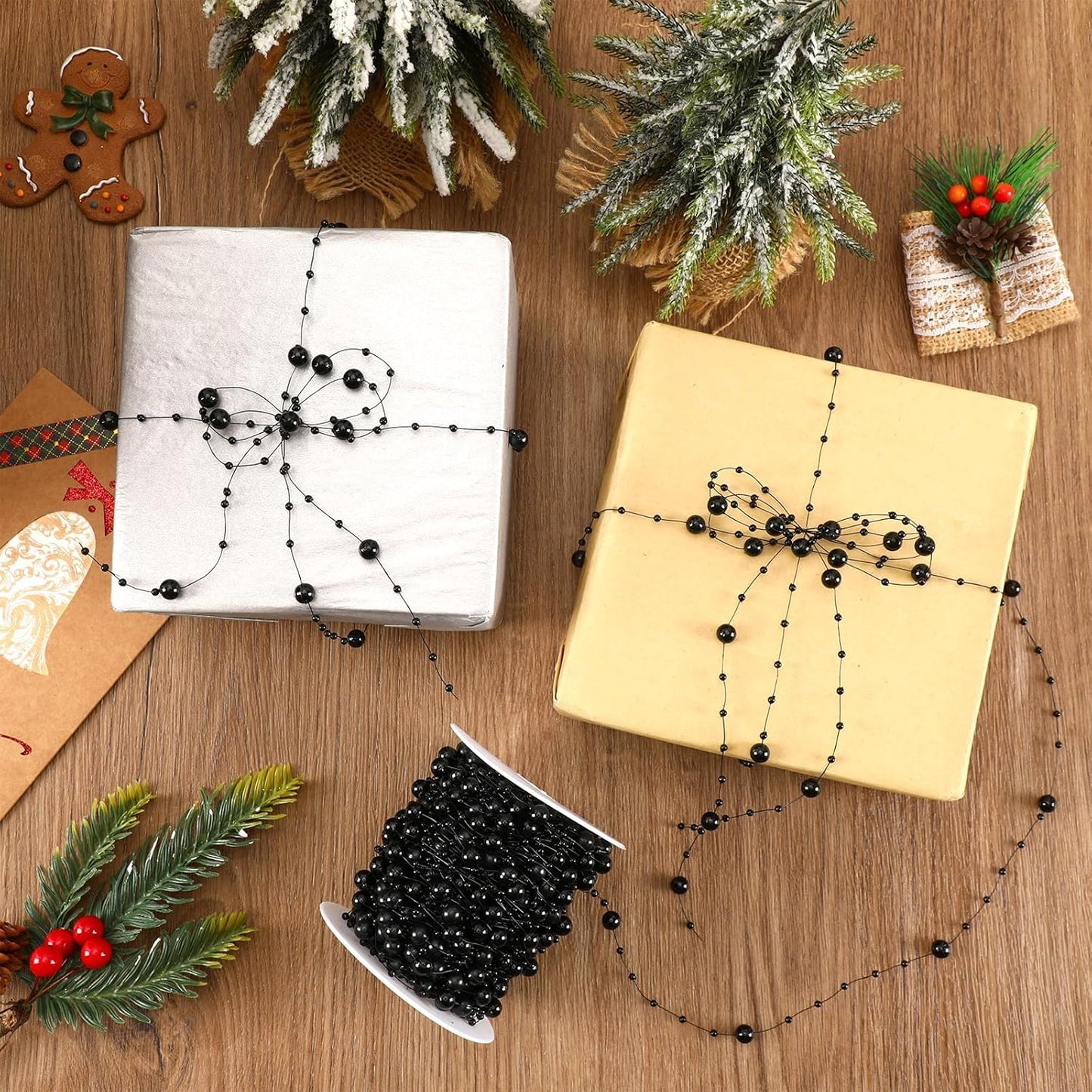 JULBEAR 131Ft Artificial Pearl Beads Garland Decoration, 1Rolls Black Pearl Strands Chain Bead Garland for Gothic Wedding Decor Bouquet Crafts Flower DIY Supplies Christmas Tree Ornaments