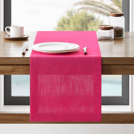 ZeeMart Linen Textured Border Table Runner, 14 x 60 Inch Hot Pink, Farmhouse Style Pink Table Runners 60 Inches Long, Easy Care Everyday Polyester Table Runner