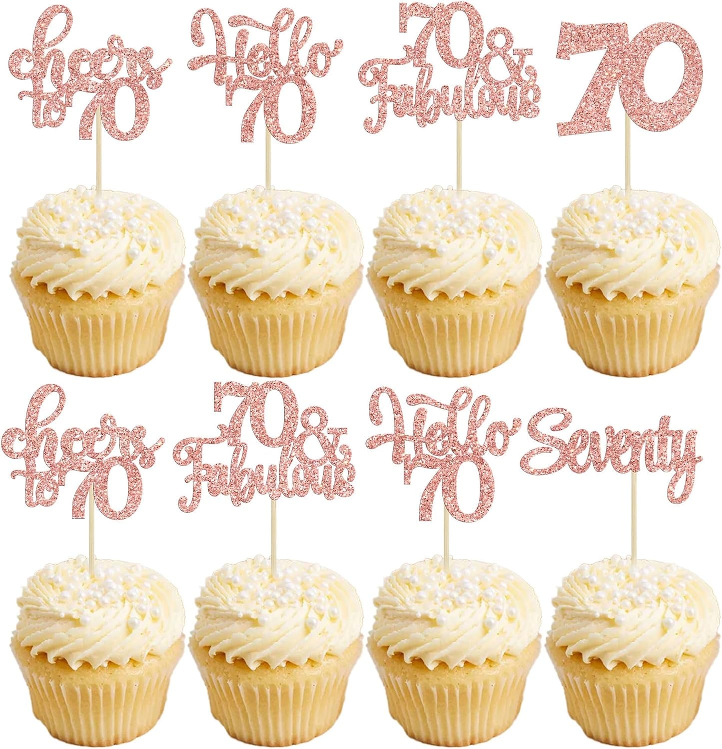 30Pcs Happy 70th Birthday Cupcake Toppers Seventy Cheers to 70 Years Old Birthday Cupcake Picks for 70th Birthday Anniversary Party Cake Decorations Supplies Rose Gold Glitter
