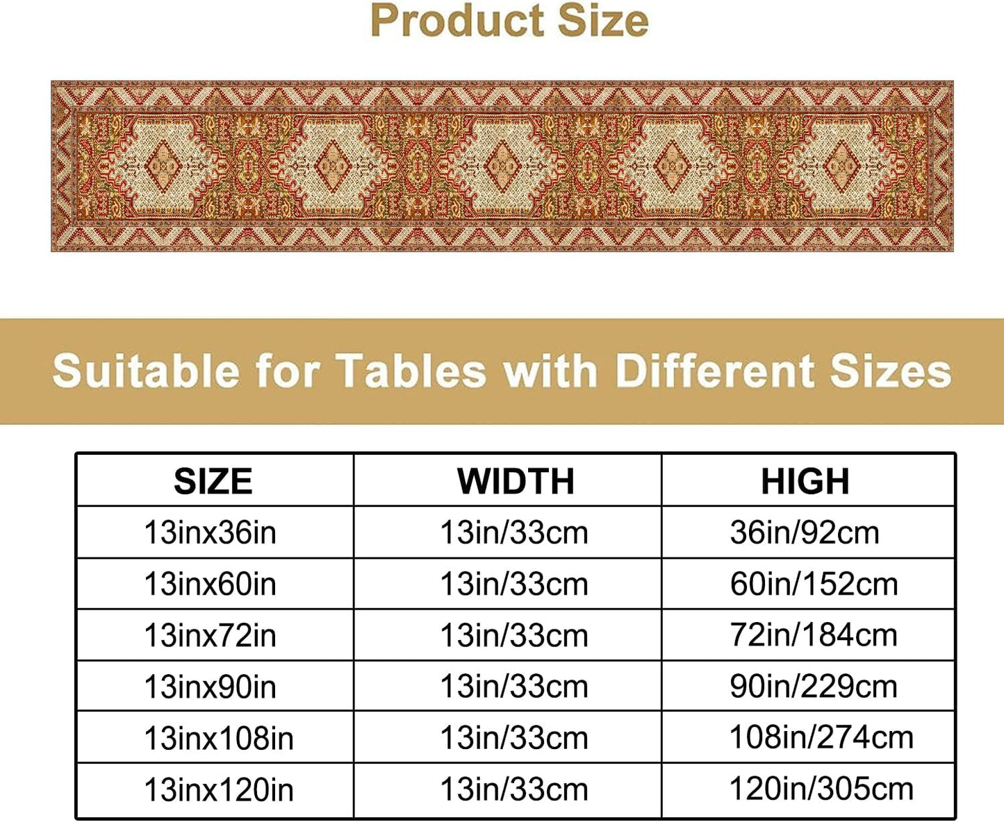 Boho Bohemia Style Orange Table Runner, Country Rustic Farmhouse Magical Abstract Print Pattern for Home Kitchen Table Decor Dining Coffee Room Garden Party Decor 13x60in