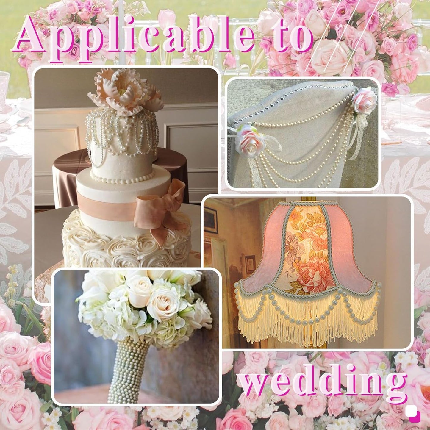 59 Feet 8mm Pearl Strings Garland for Crafts, Artificial Pearl Beaded Trim Chain Roll Strands for Wedding Centerpieces Bouquet Party Decoration Christmas Tree Garland, Ivory