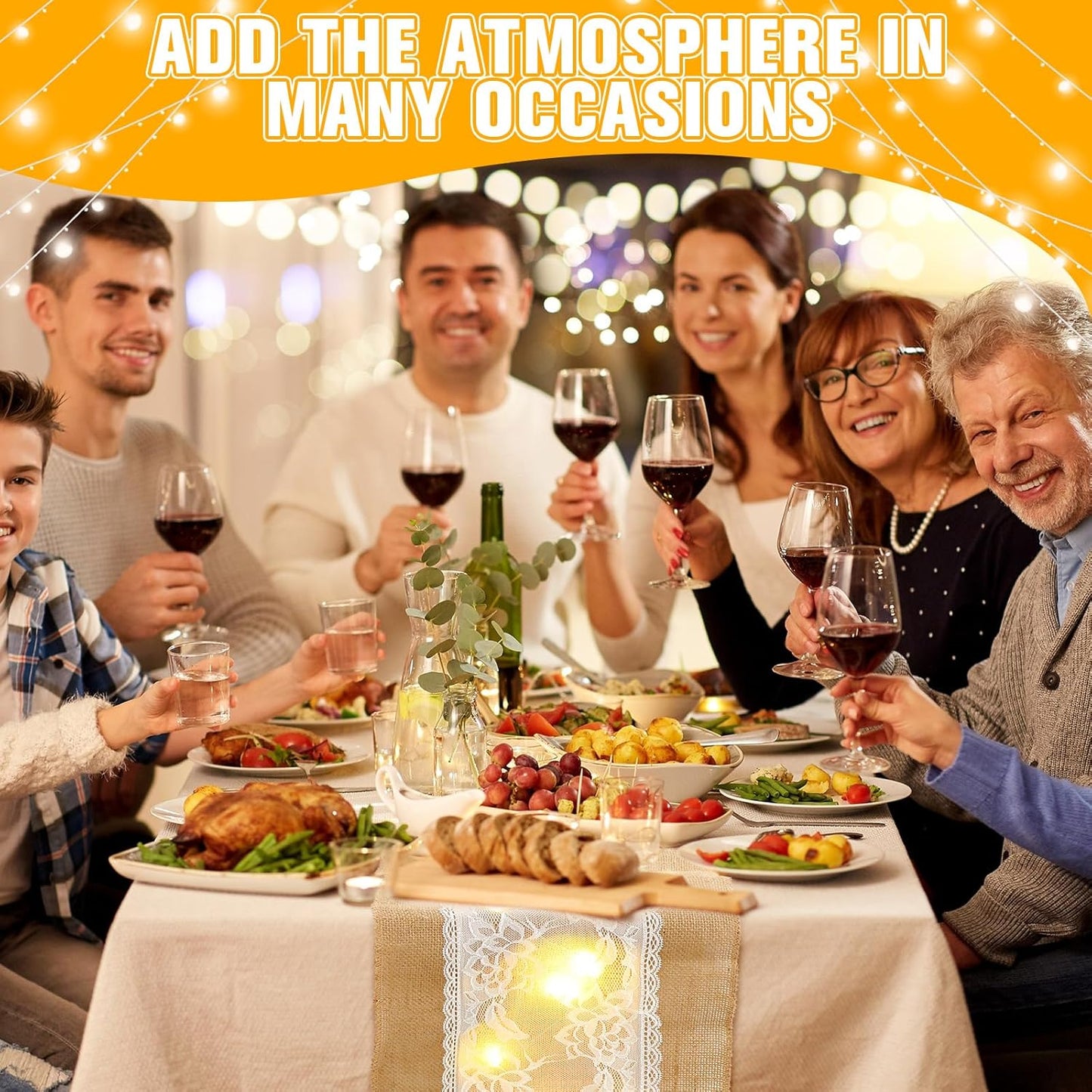 Xinnun 6 Pack Burlap Table Runner with LED String Lights, Modern Rustic Lace Natural Vintage Boho Jute Wedding Table Decor for Farmhouse Thanksgiving Christmas(Christmas Trim,12x70 Inches)