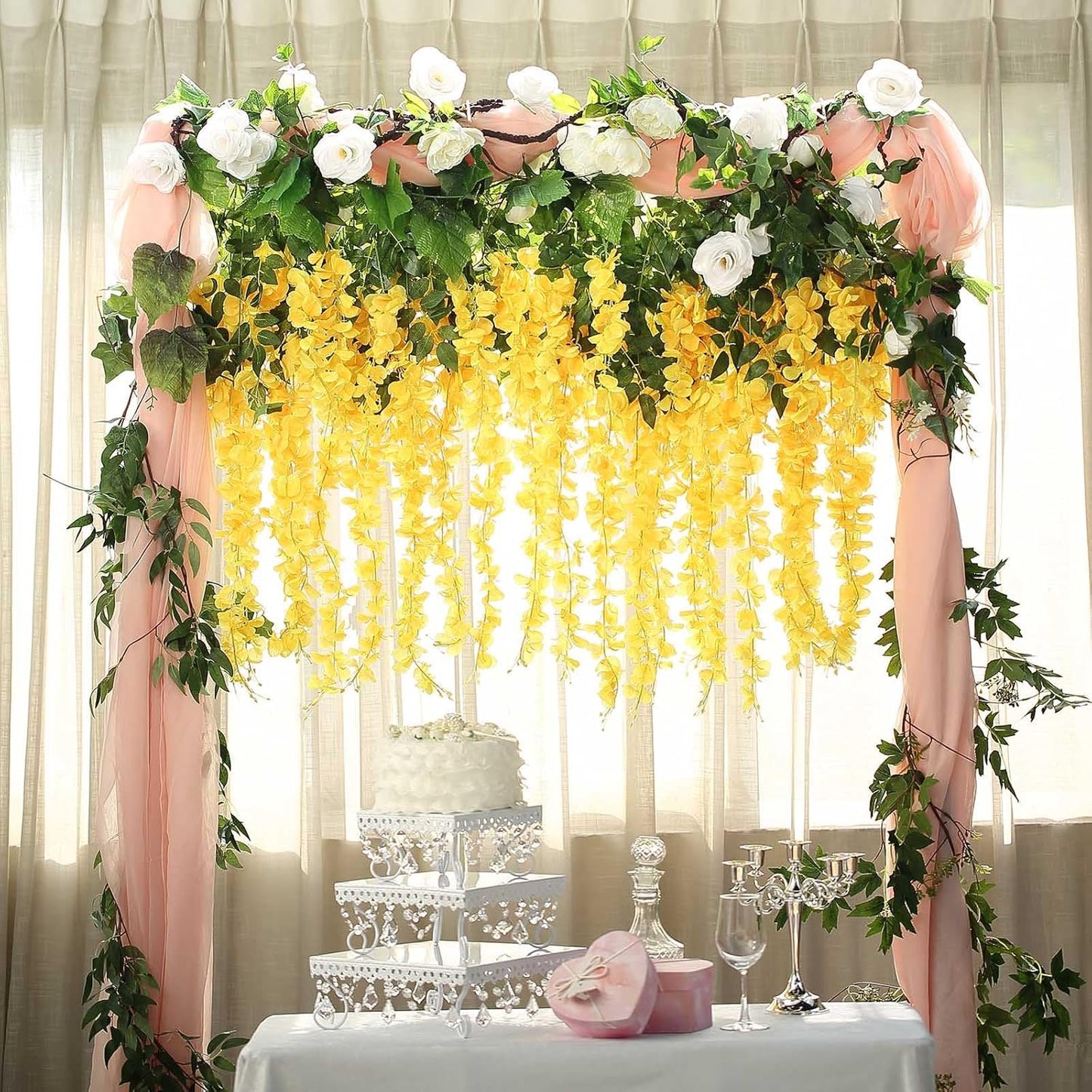 5 Pack Yellow Wisteria Hanging Flowers Garland, 3.77 Feet Artificial Flower Vines, Fake Wisteria, Artificial Vines Hanging Garland for Backdrop Outdoor Yard Garden Decor