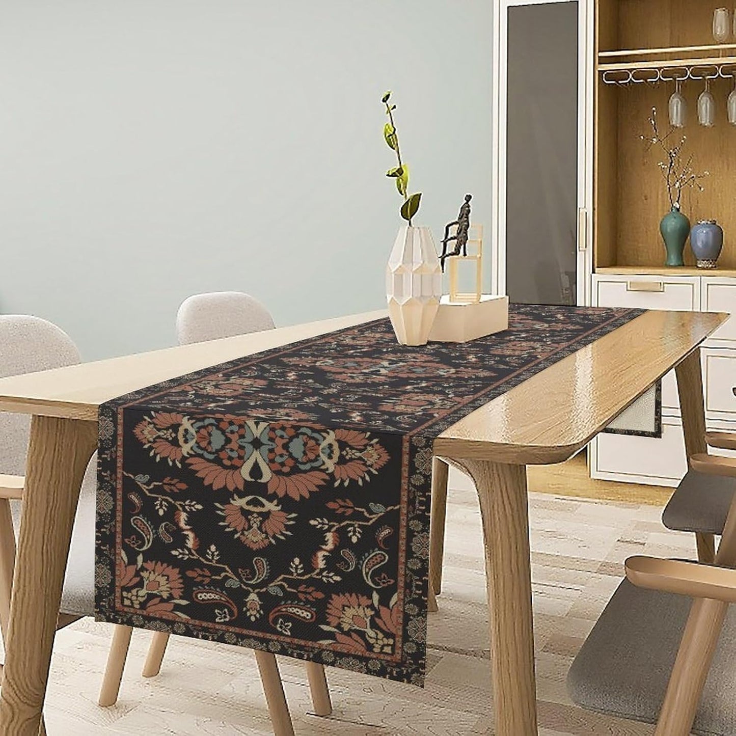 Boho Paisley Farmhouse Table Runner, Vintage Red Blue Retro Flower Rustic Country Style Floral Print Pattern for Home Kitchen Table Decor Dining Coffee Room Garden Party Decor 13x60in