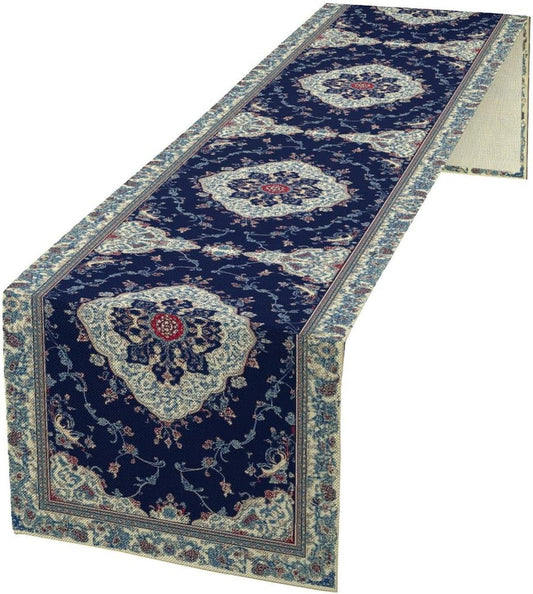 Elegant Palace Boho Blue Table Runner Vintage French Style Farmhouse Geometric Home Farmhouse Kitchen Table Dining Coffee Room Garden Party Wedding Decor 13x90in