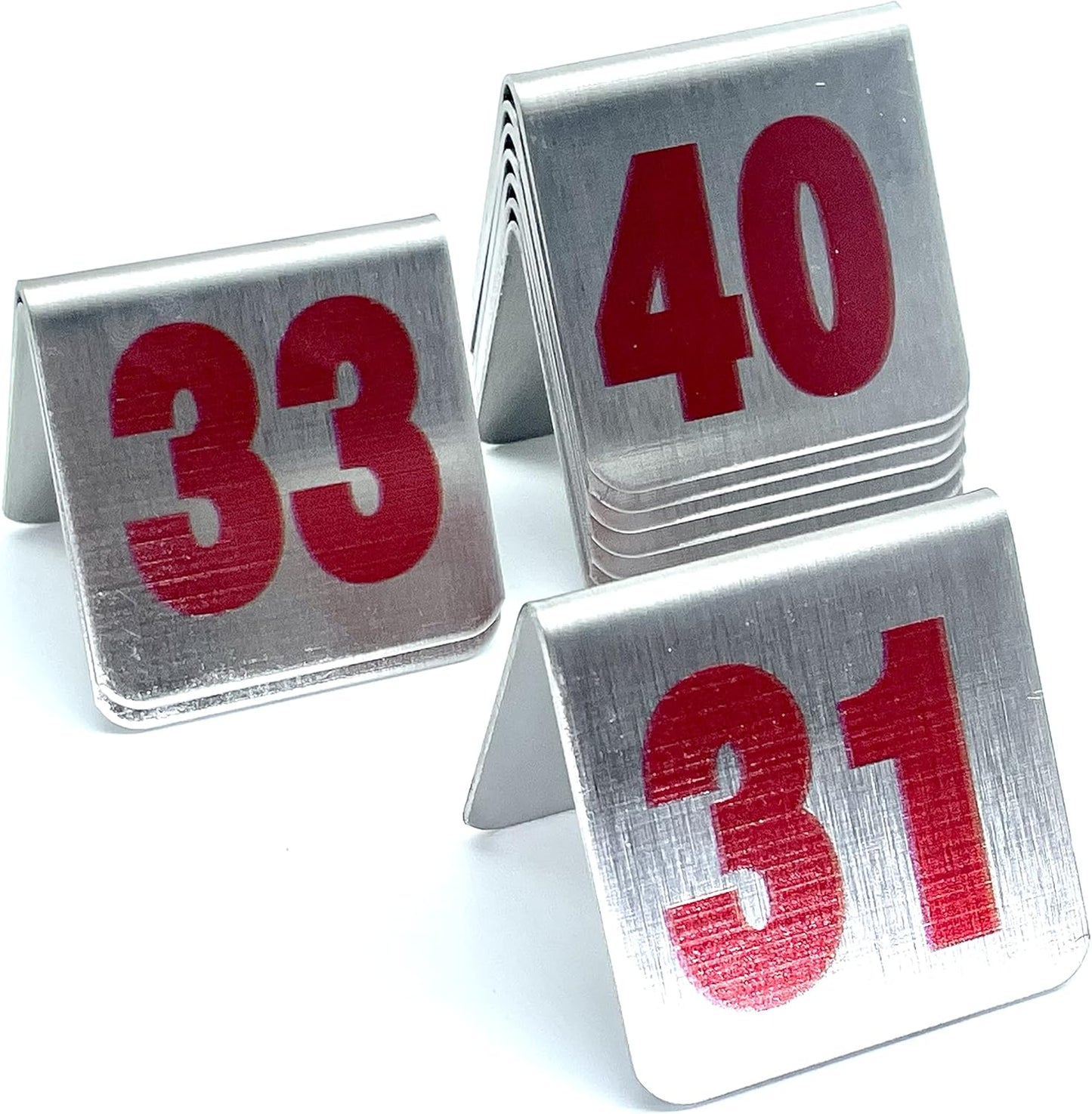 10 Pcs Metal Place Cards Stackable Tent Style Table Numbers，Place Card Holders for Celebration Wedding Party Restaurants Cafes Bars Gatherings meeting Room Board Game Serial (Small 31-40, Red)