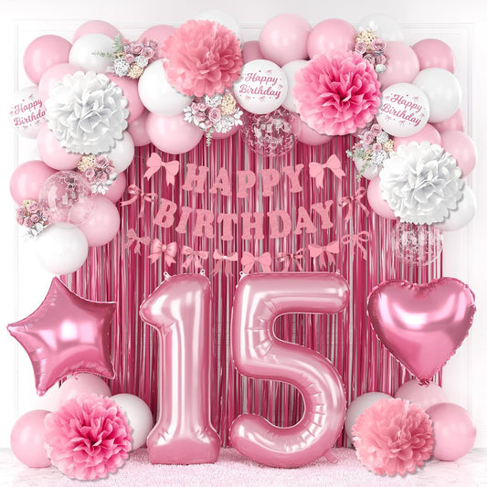 15th Birthday Decorations for Girls Pink Number 15 Balloon Bow Coquette Happy Birthday Banner Fringe Curtain Paper Pom Poms Star Heart Foil Pink White Balloons 15 Year Old Party Decor