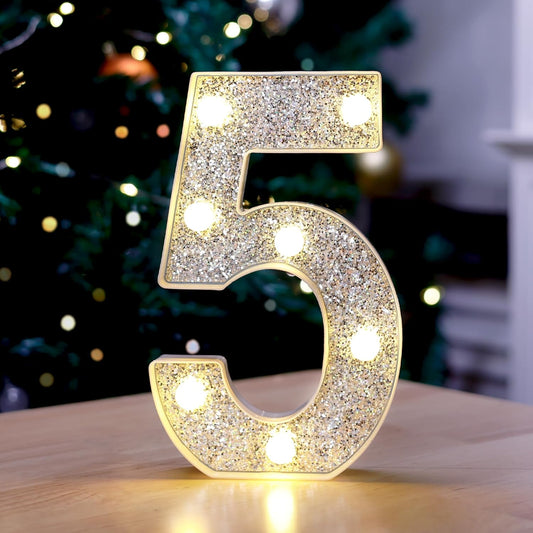Marquee Light Up Letters, Glitter Silver LED Letter Lights Battery Powered Alphabet Letter Sign for Night Light Wedding Birthday Party Cafe Bar Decoration Girls Room Decor - Number 5