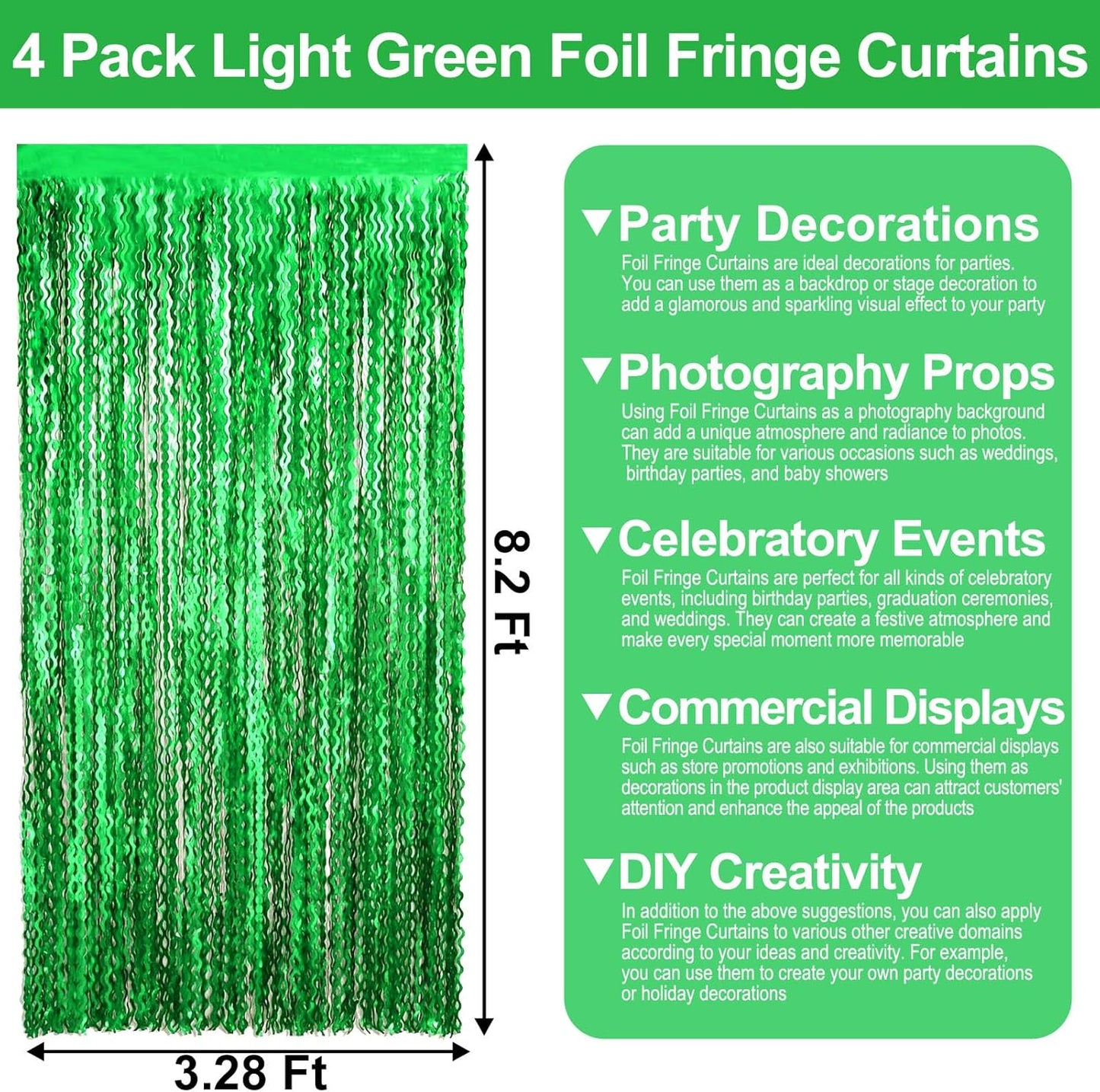 4 Pack Green Wave Foil Fringe Curtain Backdrop, 3.28Ft x 8.2Ft Metallic Tinsel Foil Fringe Streamer Curtains for Photo Booth, Mother's Day, Easter, Birthday, Wedding Party Decoration