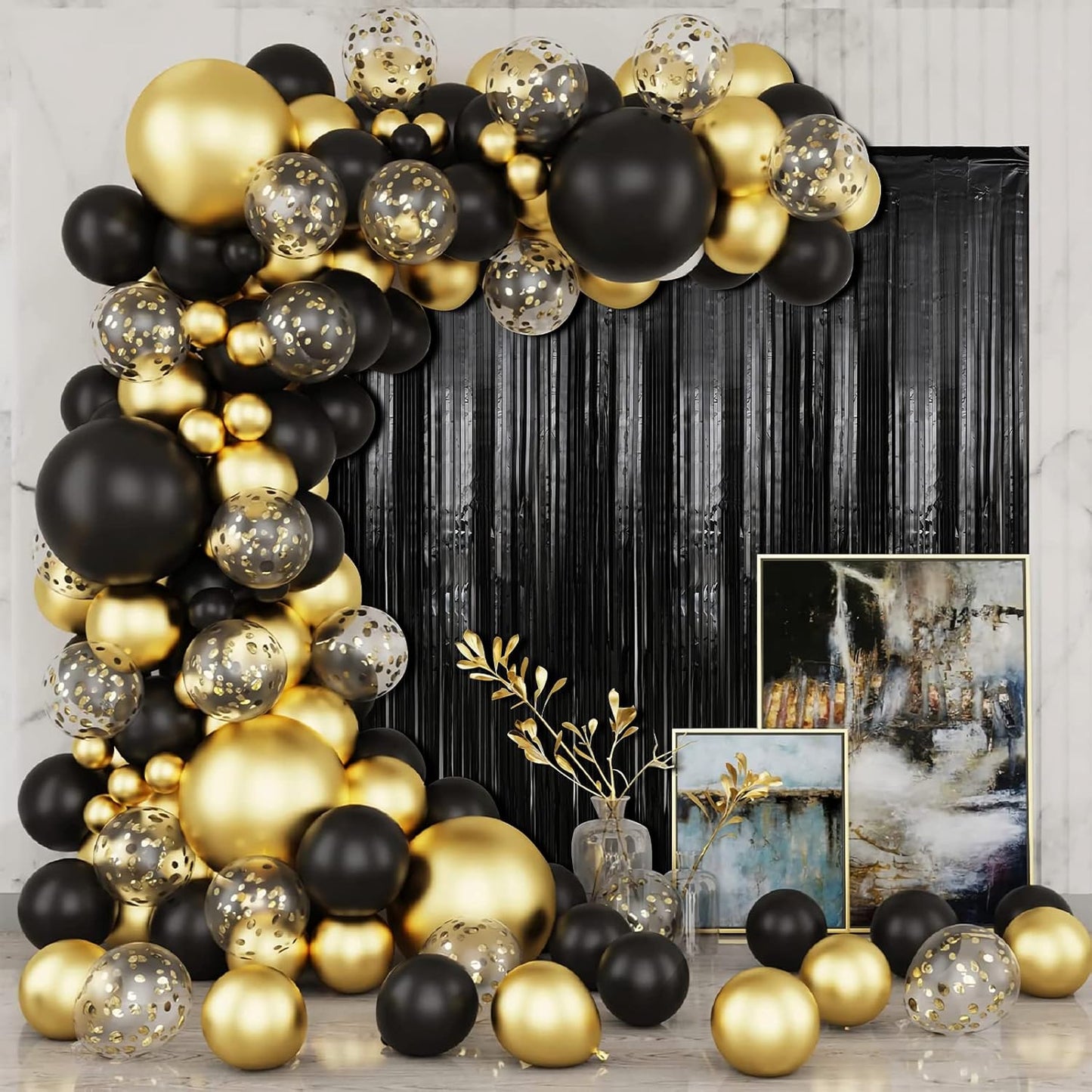 Crosize 7 Pack 3.3 x 9.9 ft Black Foil Fringe Backdrop Curtain, Streamer Backdrop Curtains, Streamers Birthday Party Decoration, Rose Gold Tinsel Curtain for Parties, Galentines Decor, Baby Shower