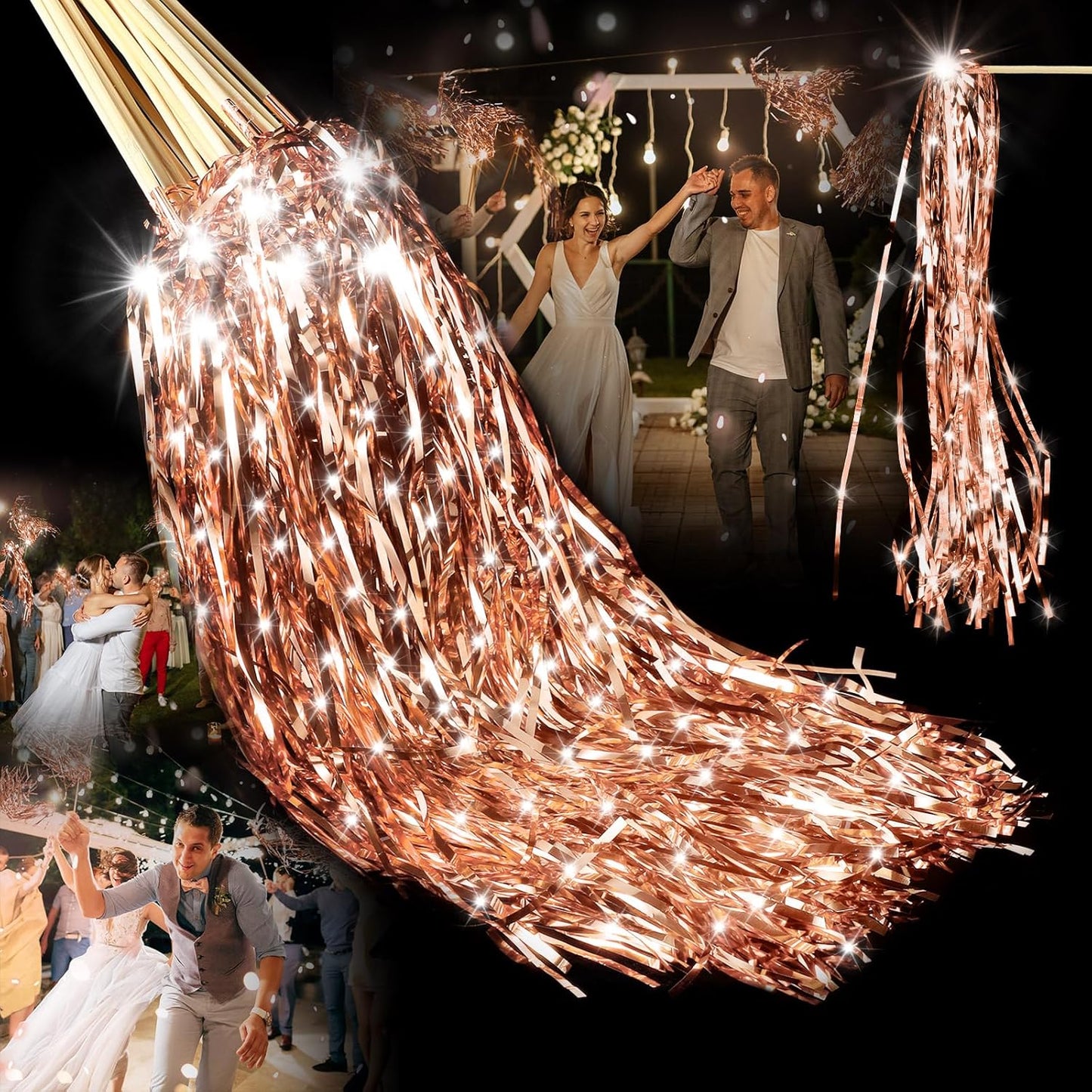 100 Pcs Lighted Wedding Wands LED Tinsel Wands Light up Streamers Sparklers for Wedding Send Off and Exits Birthday Party Props Favors(Rose Gold)
