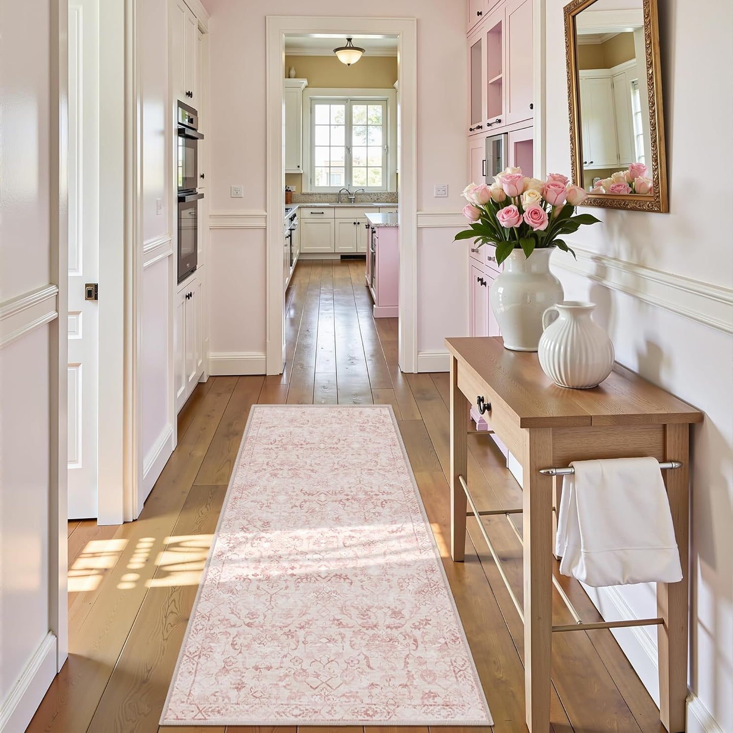 Pink 2x6 Runner Rug for Hallways Bed Side Kitchen, Boho Washable Distressed Low-Pile Floor Entryway Long Bathroom Mat, Non-Slip Laundry Room Washstand Front Carpet Green 24x72 Inch