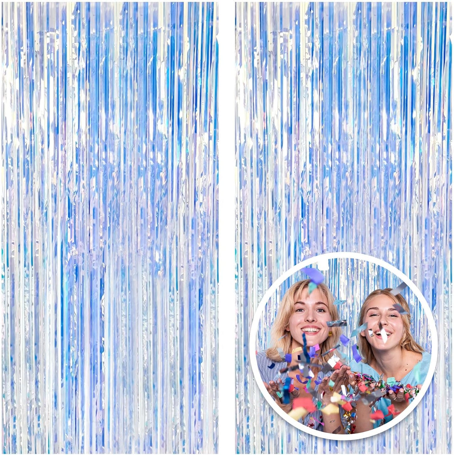 2 Pack Foil Curtain Backdrop Iridescent Metallic Tinsel Foil Fringe Curtains Photo Booth Props for Birthday Wedding Engagement Baby Shower Bachelorette Christmas Holiday Celebration Party Decorations