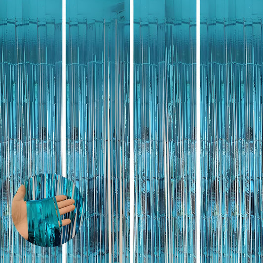 Keyali 4 Pack 3.3 * 8.3 ft Foil Curtain Metallic Tinsel Fringe Curtains Photo Booth Props Backdrop for Birthday Wedding Engagement Baby Shower Christmas Holiday Celebration Partyl,Light Blue