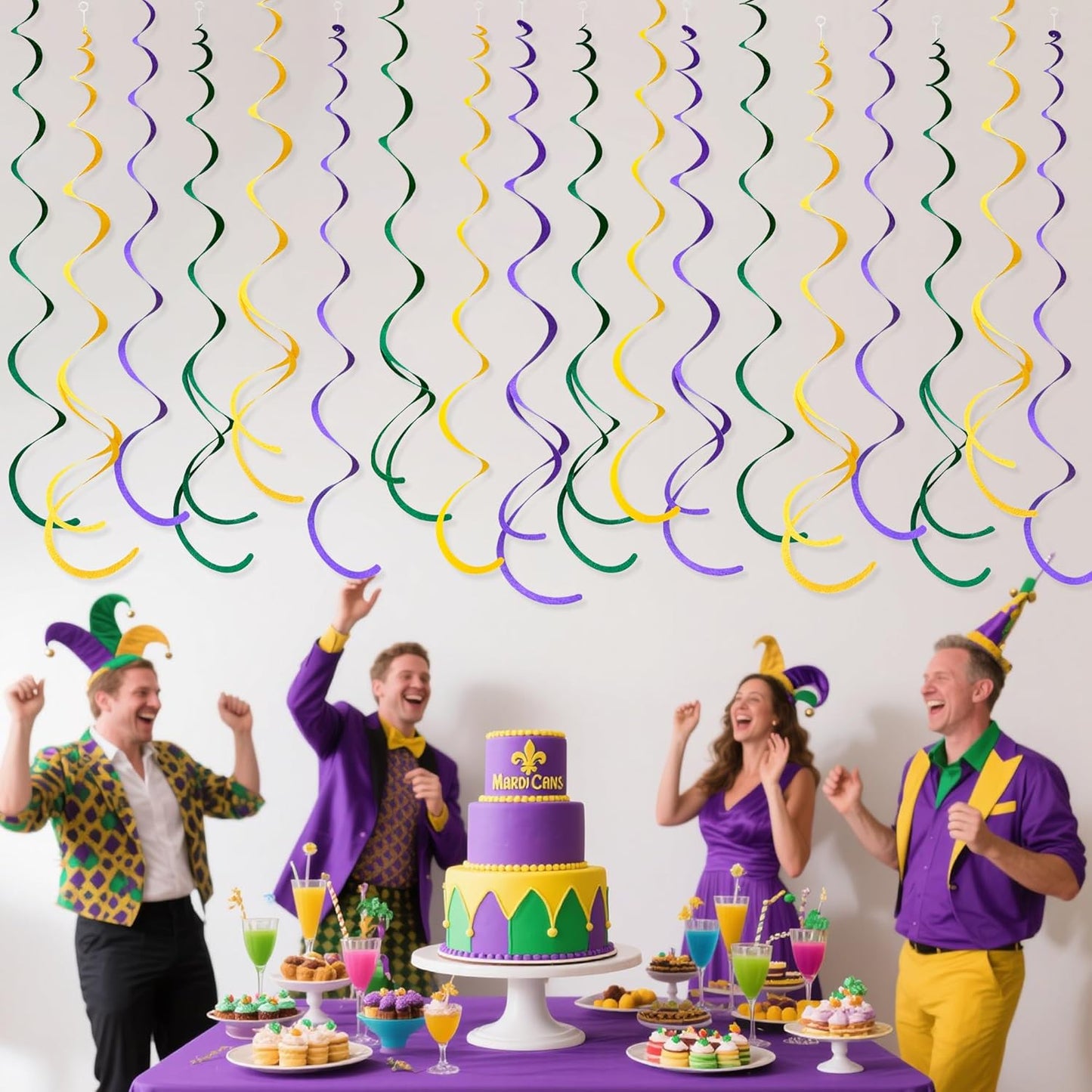 36 Pcs Green Yellow Purple Hanging Swirl Decorations Felt Swirl Streamer Spiral Ceiling Garland Banner for Mardi Gras Masquerade Theme Birthday Baby Shower Wedding Engagement Party Decor Supplies