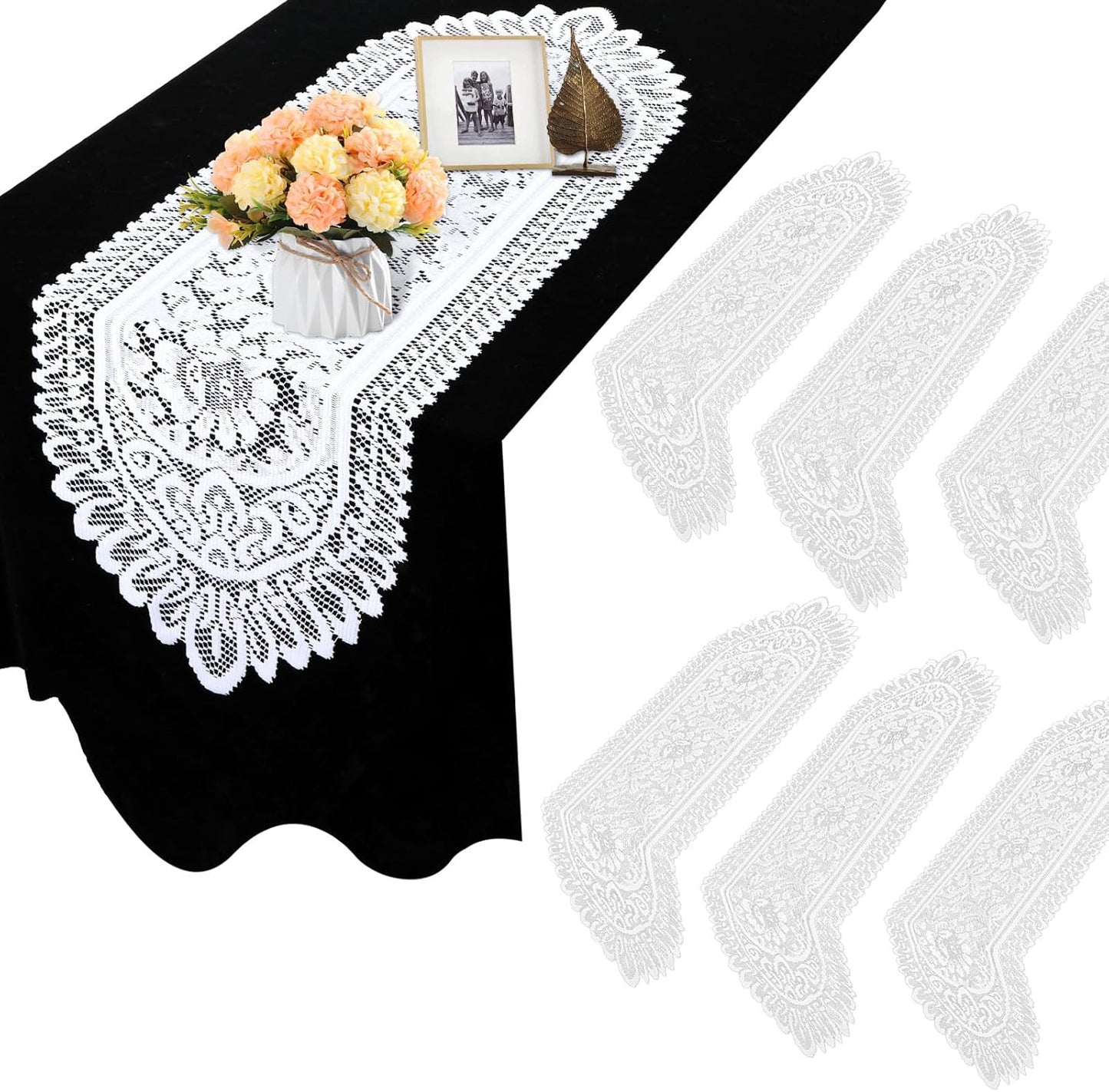 6 Pack Crochet Lace Table Runner White Lace Doilies for Furniture Handmade Cotton Doilies Rustic Table Dresser Scarf for Wedding Party Home Dining Decor, 13 × 45 Inches