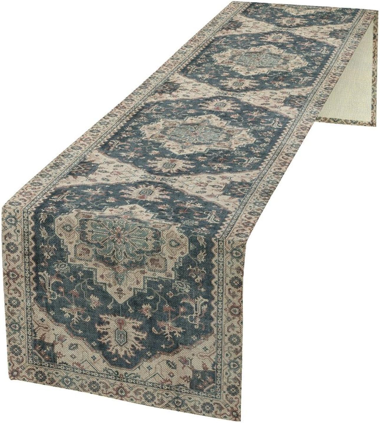 Boho Bohemia Style Table Runner, Vintage Blue Retro Flower Rustic Country Style Floral Print Pattern for Home Kitchen Table Decor Dining Coffee Room Garden Party Decor 13x60in