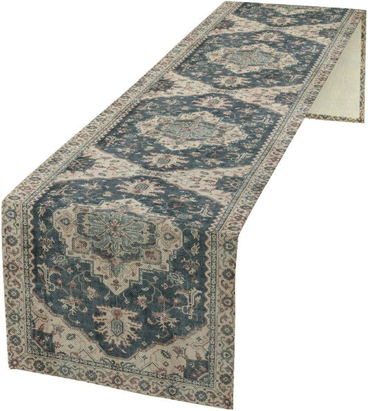 Boho Bohemia Style Table Runner, Vintage Blue Retro Flower Rustic Country Style Floral Print Pattern for Home Kitchen Table Decor Dining Coffee Room Garden Party Decor 13x72in