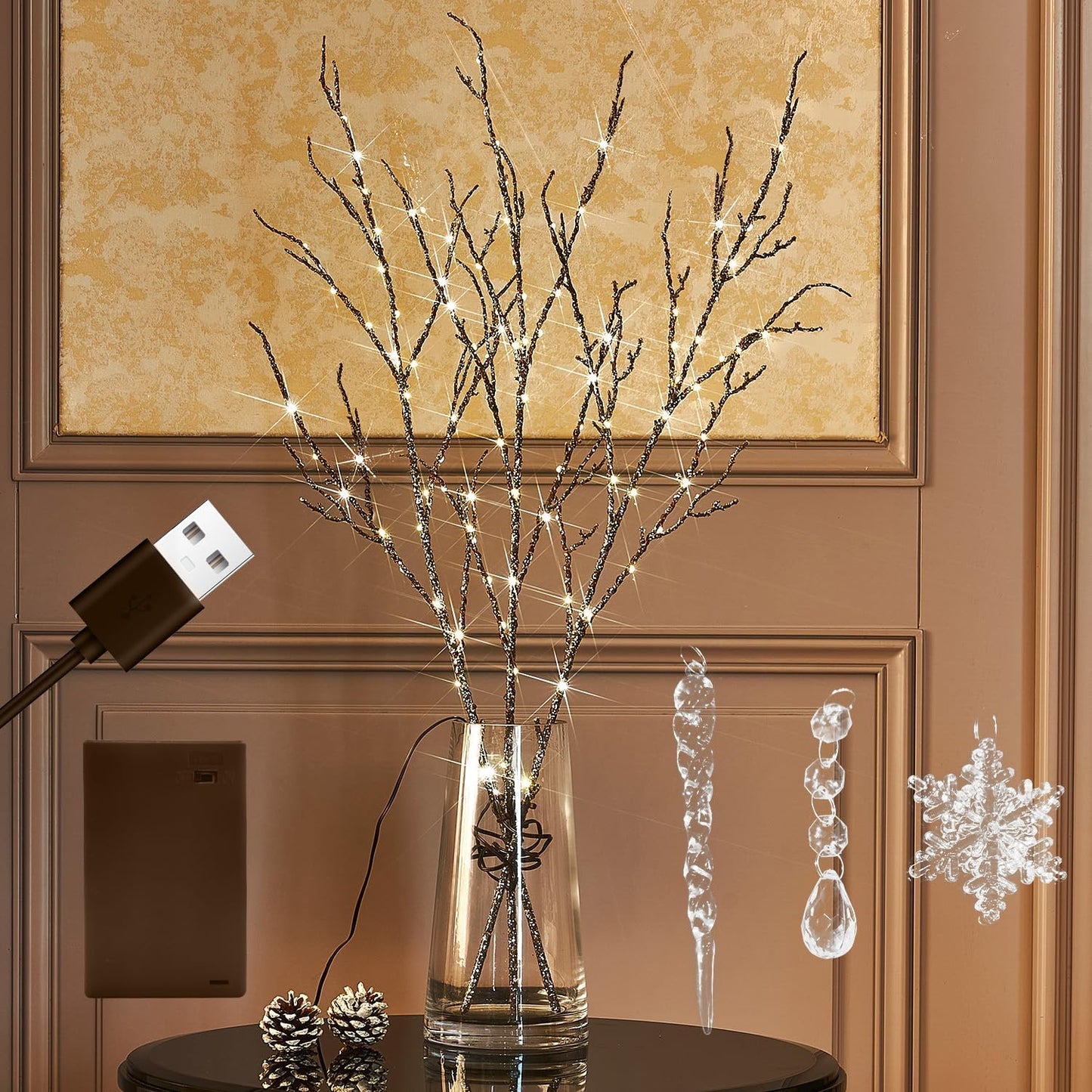 Fudios Lighted Willow Branches Christmas Glitter Battery Operated 32IN 120 LED Fairy Lights, Brown Branch Lights for Home Holiday Decoration Indoor Outdoor