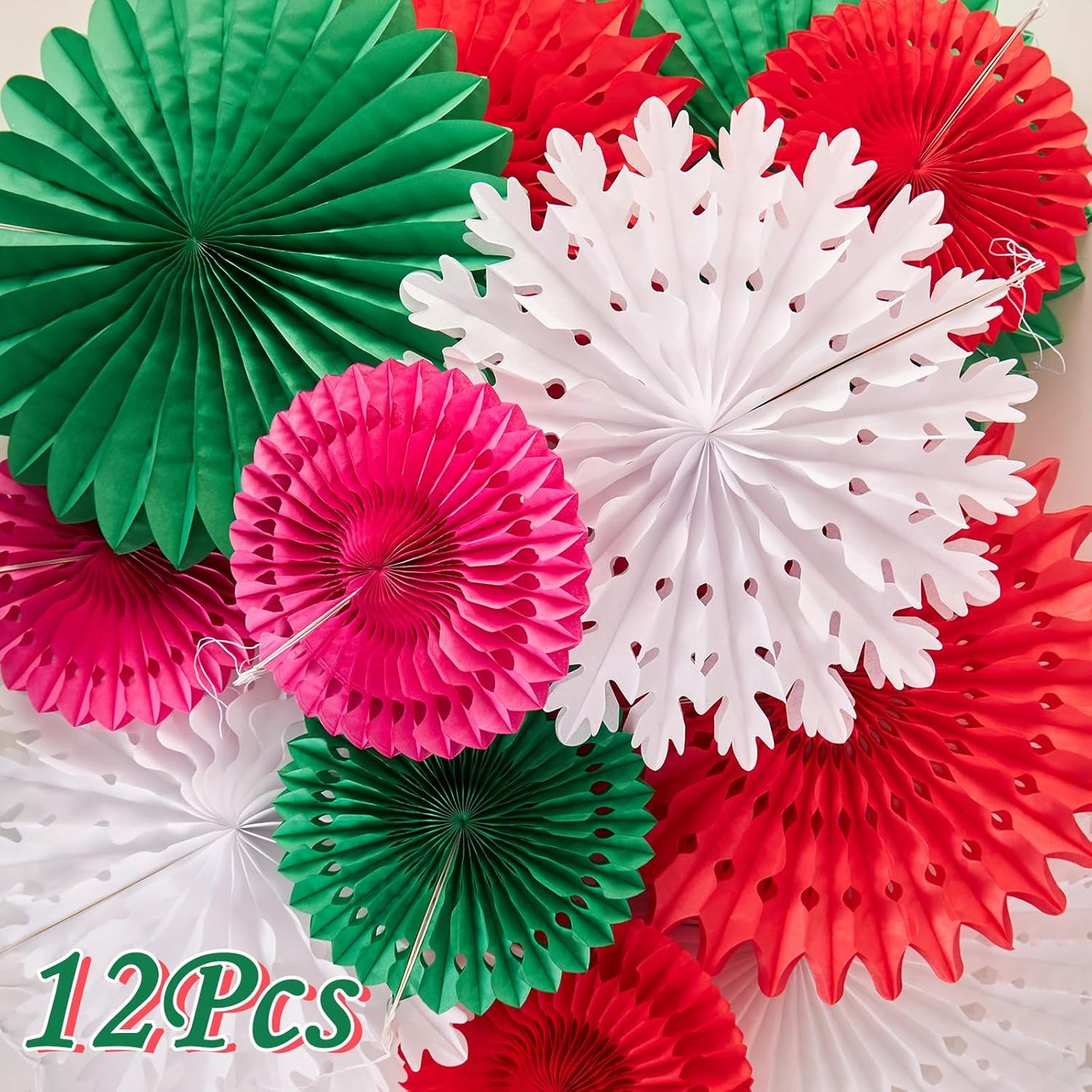 SUNBEAUTY Pack of 12 Christmas Party Decorations Christmas Classroom Decorations Hanging Paper Fans for Xmas Holiday Ceilings Wall Decor Winter New Year Party Supplies
