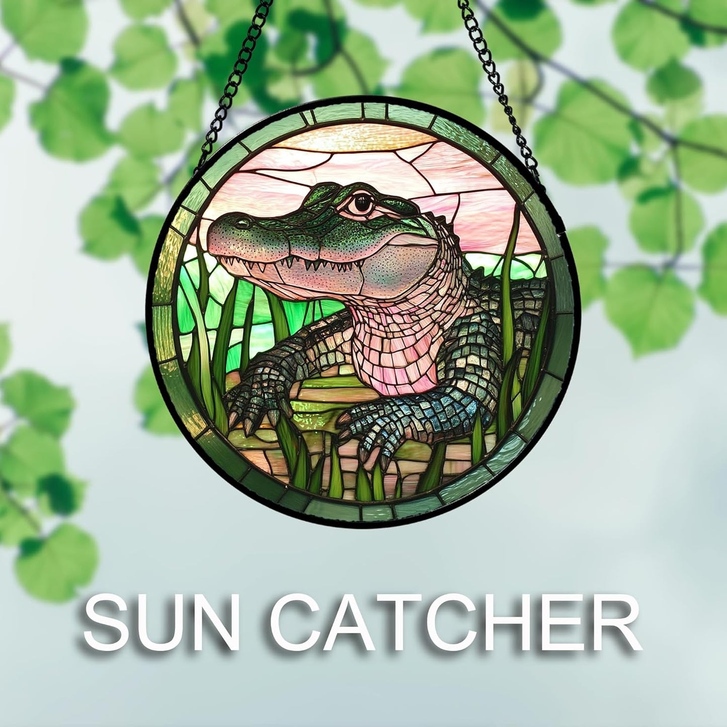 Stained Glass Window Hanging 4 Pcs Set Cute Animal Large 15"- Green Plant Pink Suncatcher Door Garden Sun Catcher Decor Birthday Christmas for Mom Woman Nana Men Friend