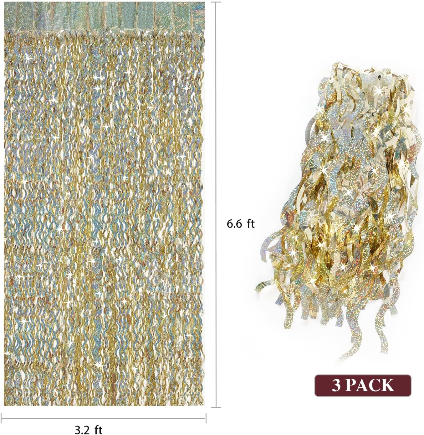 Champagne Gold Foil Fringe Backdrop - CYLMFC 3 Pack 3.3 ft x 6.6 ft Sparkle Tinsel Foil Fringe Backdrop Curtains for Birthday Anniversary Retirement Party Decorations