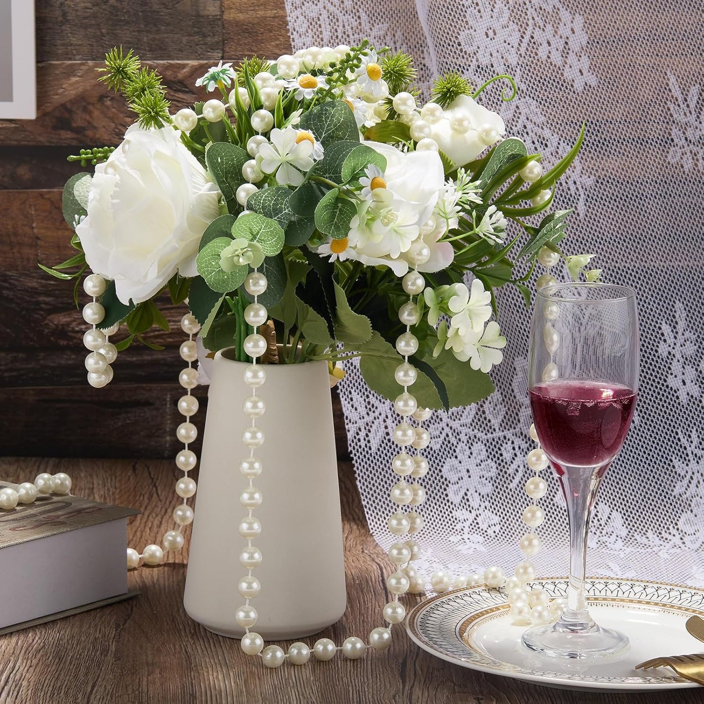 12mm Pearl Beads String, Ivory Pearls for Crafting Imitation Decorative Beads Garland 5.5 Yds, Wedding Party Valentine Christmas Tree Decorations