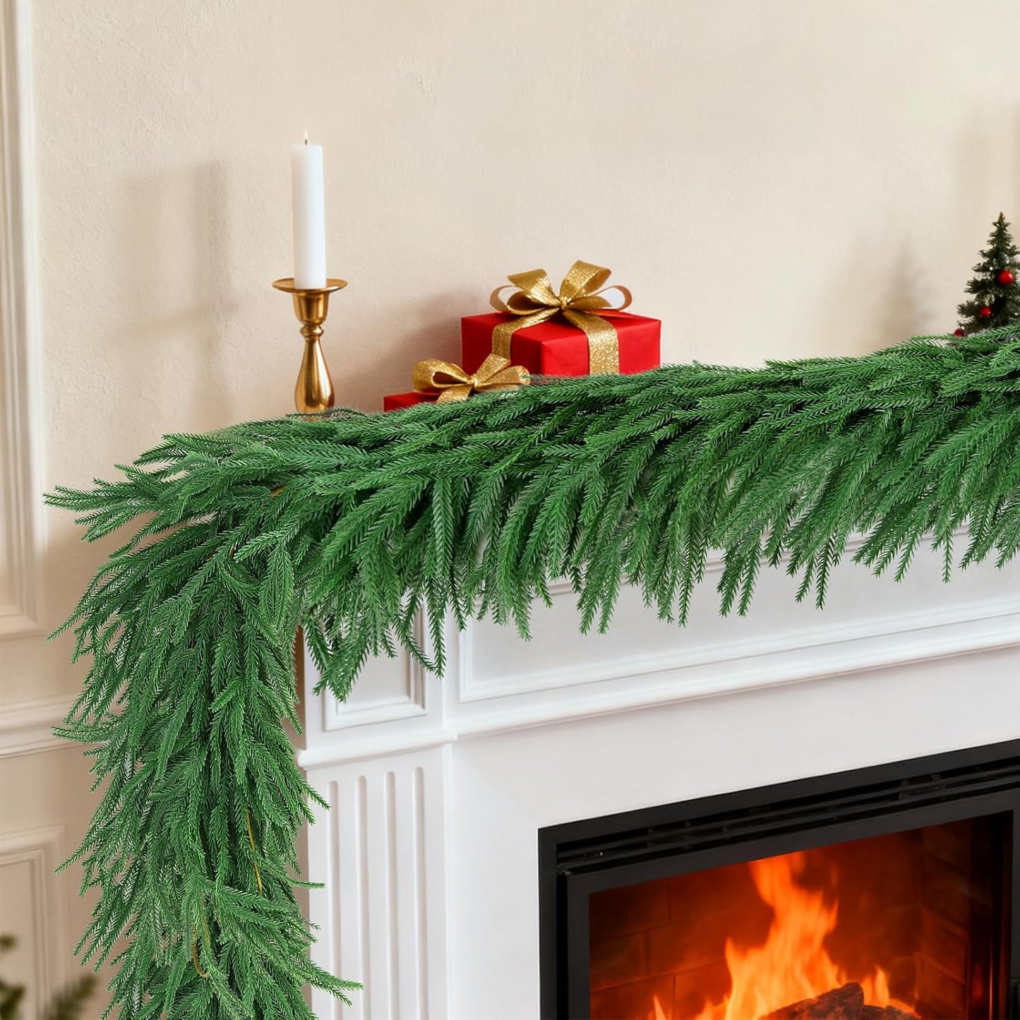 12 FT (2 * 6FT) Norfolk Pine Garland Artificial, Realistic Christmas Greenery for Mantle Table Wall, Real Touch Winter Pine Garland for Christmas Indoor Outdoor Decor (80 Branches)
