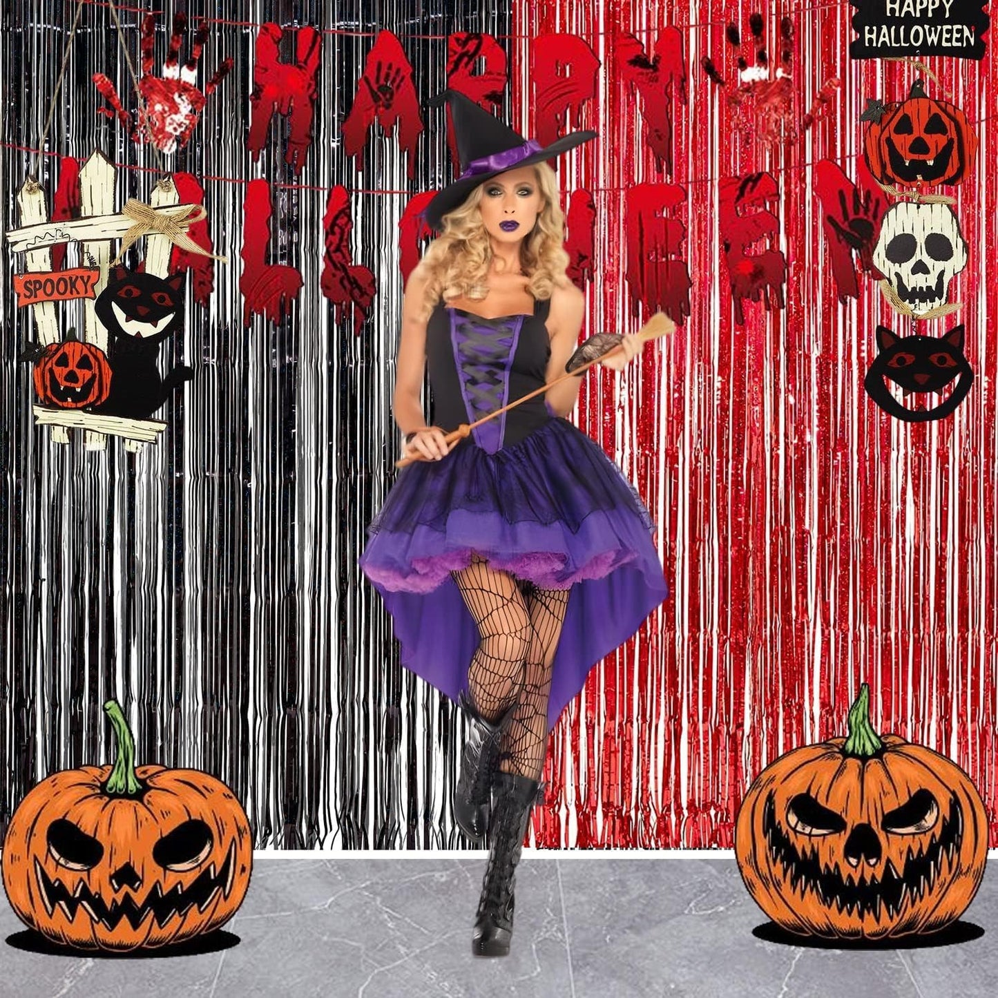 Foil Fringe Curtain Party Decorations - Black Red Metallic Tinsel Backdrop Party Steamers Curtains for Birthdays Halloweens Christmas Theme Prom Holidays Parties Decorations