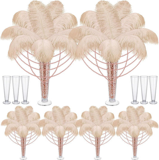 Yuxung 6 Sets Wedding Table Centerpiece Accessories Including 159 Pieces Natural Ostrich Feather Bulk Plastic Vases and Beads Necklaces for Wedding Home Party Centerpiece Supplies(Champagne)