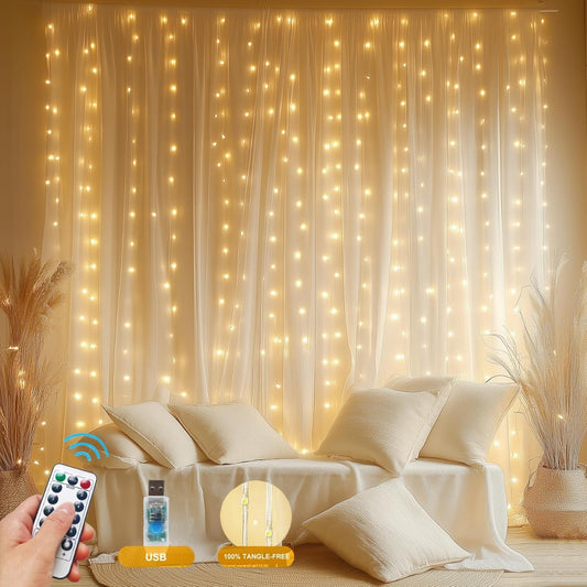 Fairy Curtain Lights Upgraded Tangle-Free Warm White USB Plug in 8 Modes String Hanging Lights with Remote for Christmas, Bedroom, Indoor, Outdoor, Weddings, Party (6.6FTx6.6FT)