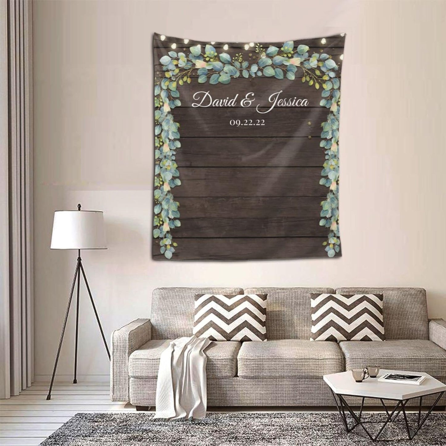 Wedding Backdrop for Reception, Rustic Wood Green Leaf Banner, Custom Tapestry with Names & Date, Personalized Calligraphy Banner Ceremony, Botanical Lights One Size
