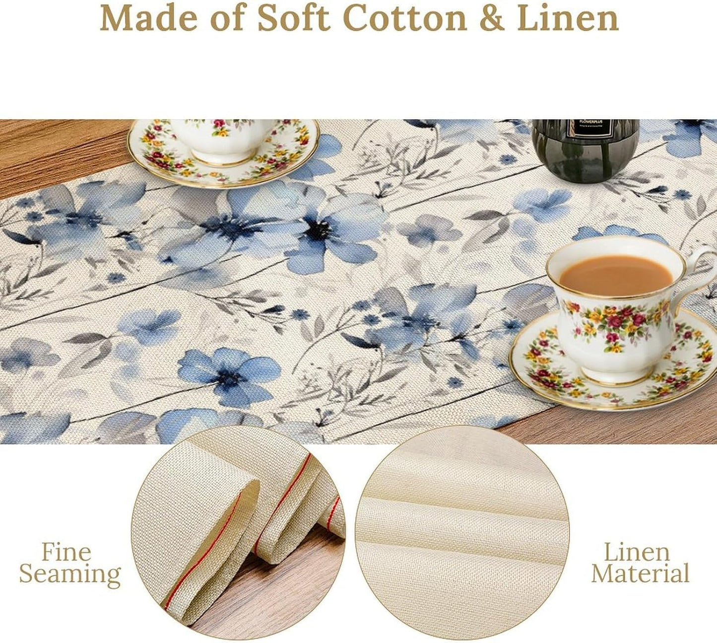 Watercolor Floral Table Runner, Blue Poppy Flower Seasonal Spring Summer Table Runner for Kitchen Dinning Table Runner Decor Home Wedding Party Holiday, 13x90 Inch