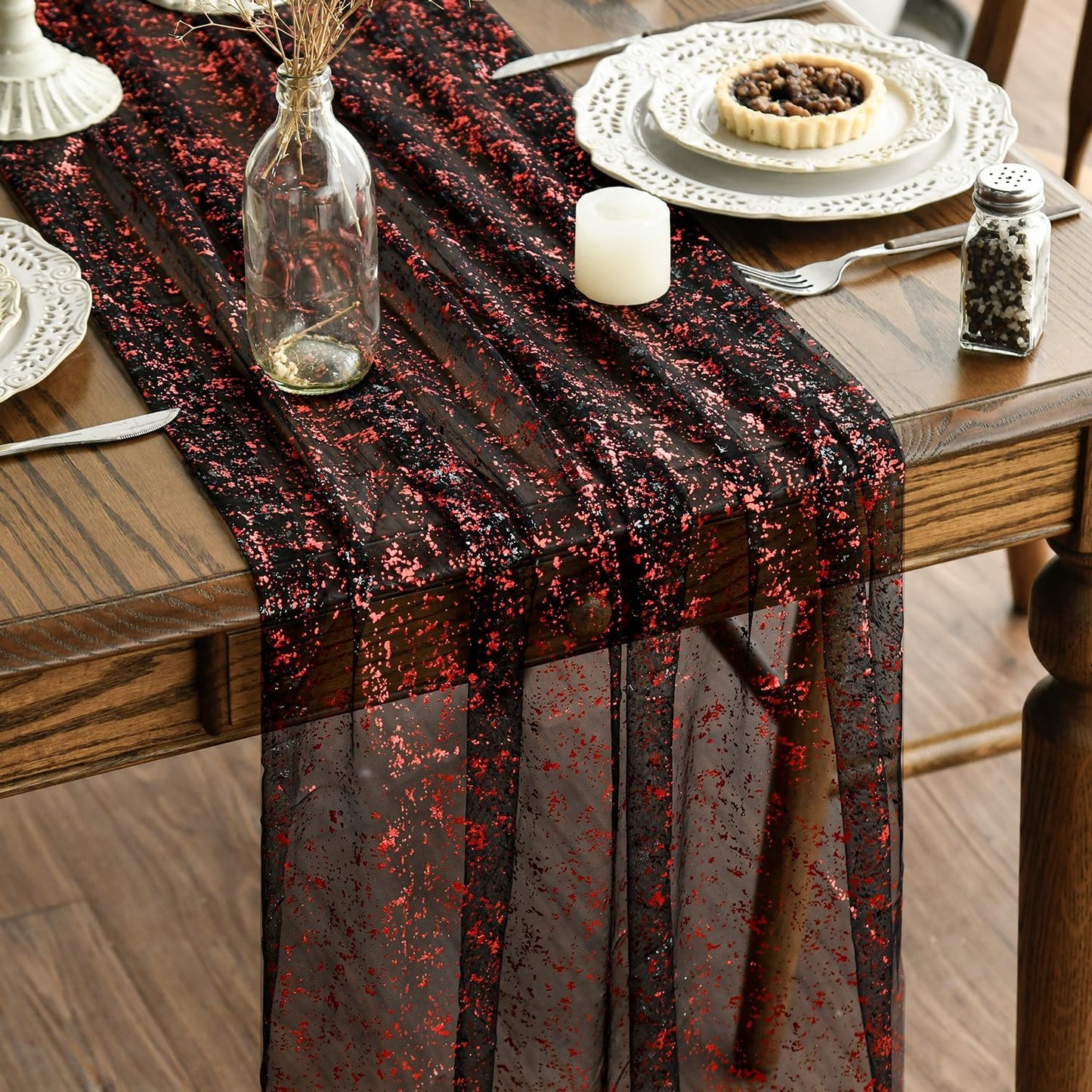 Artoid Mode 3PCS Black Red Gold Gauze Table Runner 120 Inch 10FT, Glitter Metallic Foil Sheer Dining Wedding Anniversary Holiday Table Decor for Home Party