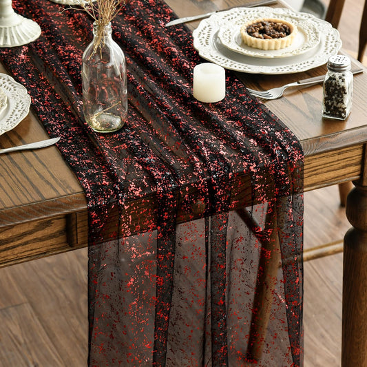 Artoid Mode Black Red Gold Gauze Table Runner 120 Inch 10FT, Glitter Metallic Foil Sheer Dining Wedding Anniversary Holiday Table Decor for Home Party
