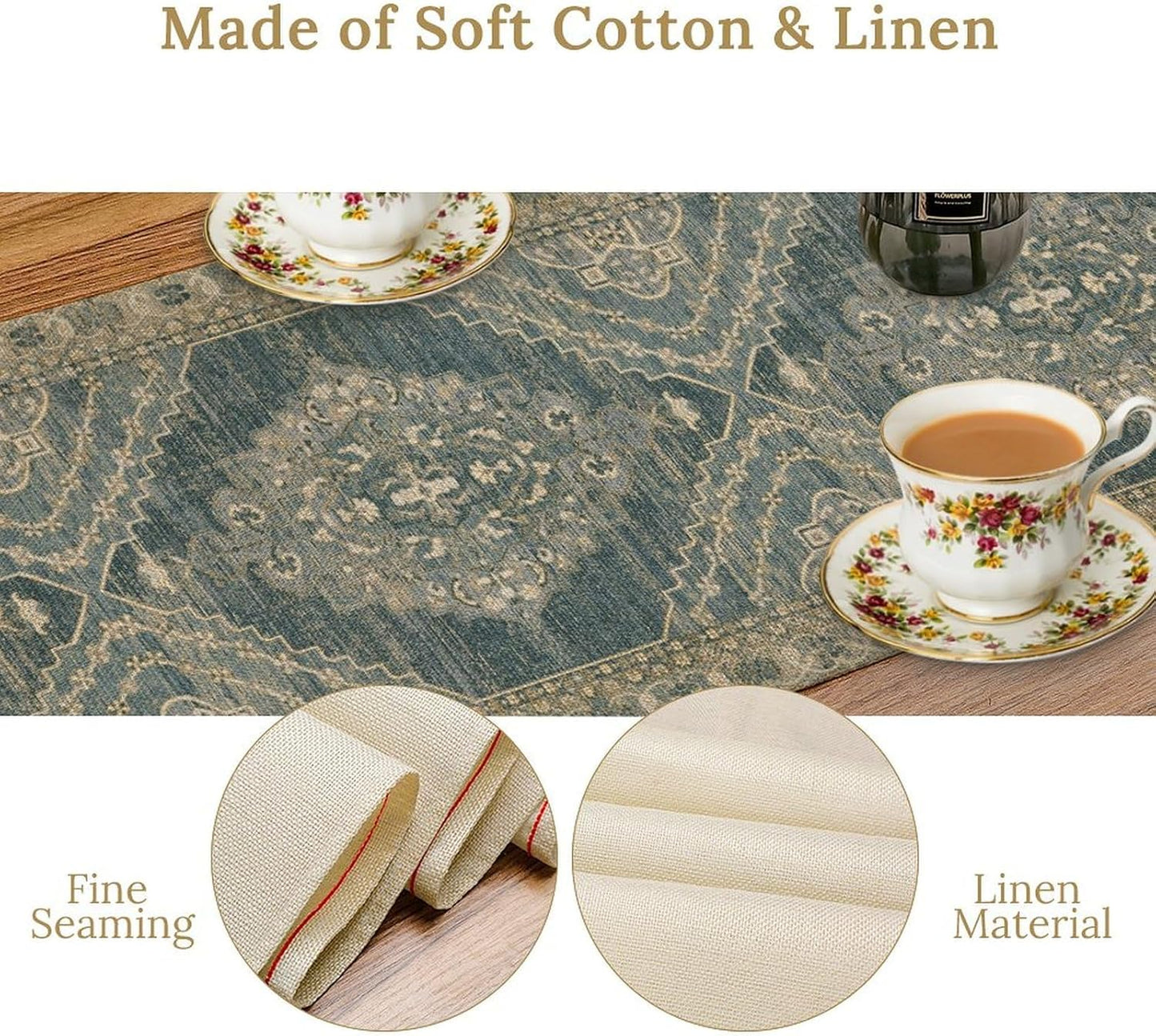 Boho Floral Vintage Table Runner, Blue Teal Retro Flower Rustic Country Farmhouse Pattern for Home Kitchen Table Decor Dining Coffee Room Party Decor 13x36in