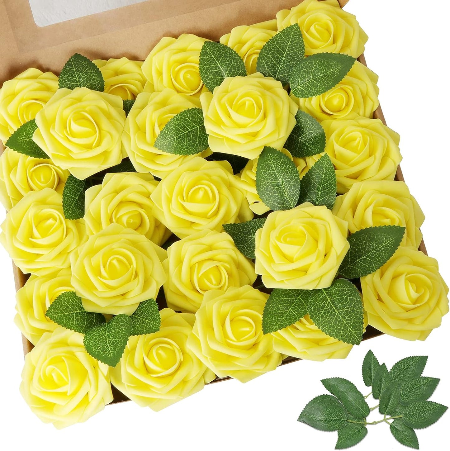 AmyHomie Artificial Flower Yellow Rose 25pcs Real Looking Fake Roses w/Stem for DIY Wedding Bouquets Centerpieces Arrangements Party Baby Shower Home Decorations