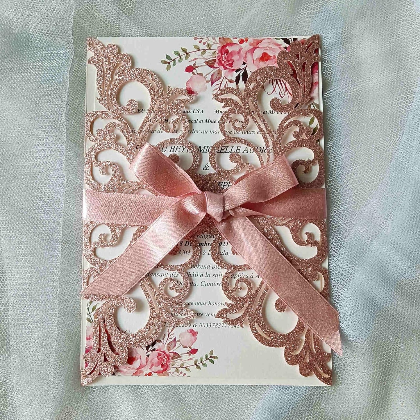 25PCS Rose Gold Laser Cut Wedding Invitations Cards with Envelopes,Blank Inner Sheets,Ribbons for Wedding Bridal Shower Quinceañera Engagement Birthday Invites, rose gold glitter