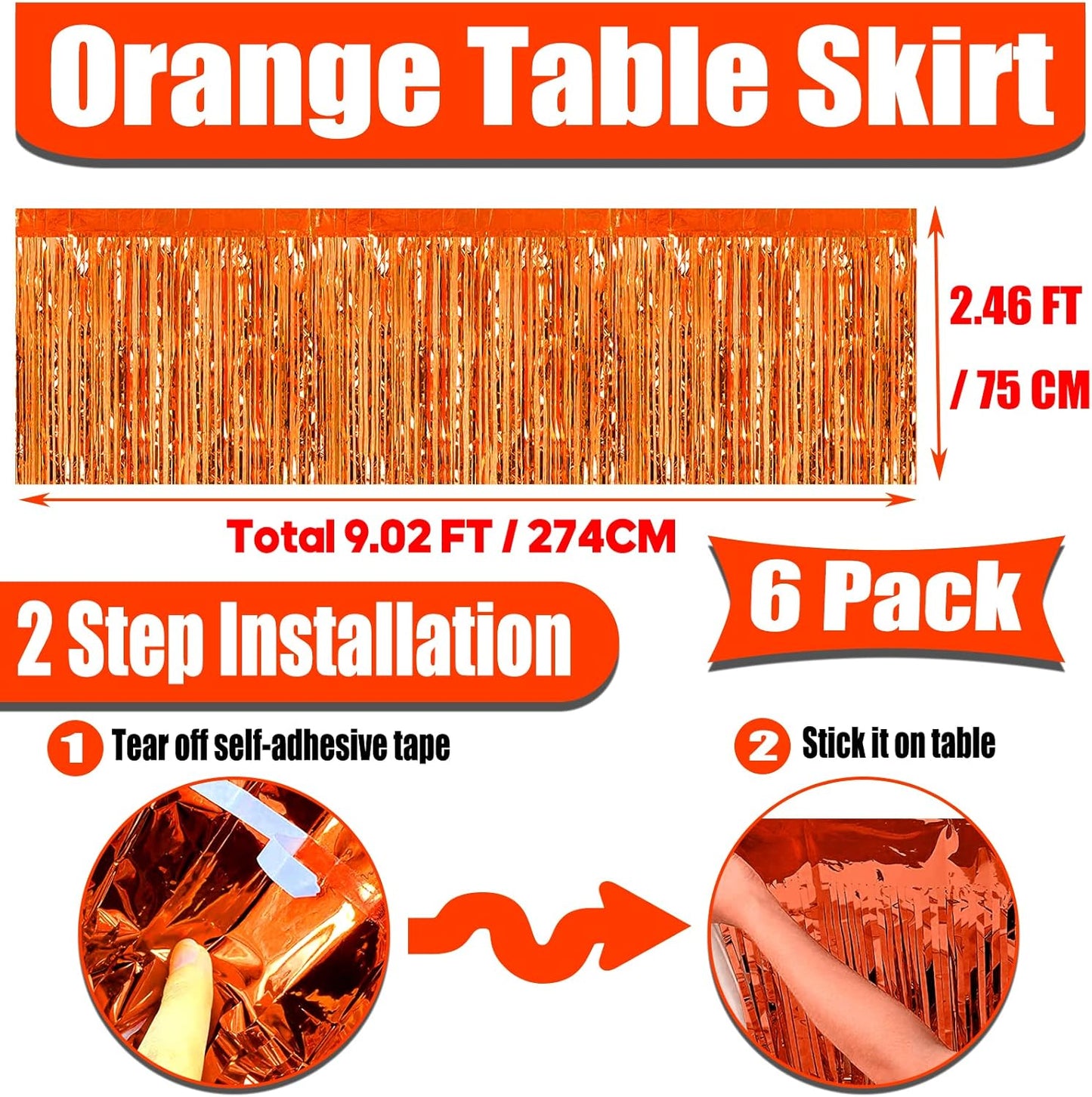 6 Pack 29x108 Inch Orange Metallic Foil Fringe Tinsel Table Skirts Banner for Rectangle Tables Streamer Garland Curtains Backdrop for Wedding, Birthday, Parade Floats, Christmas Party Decoration