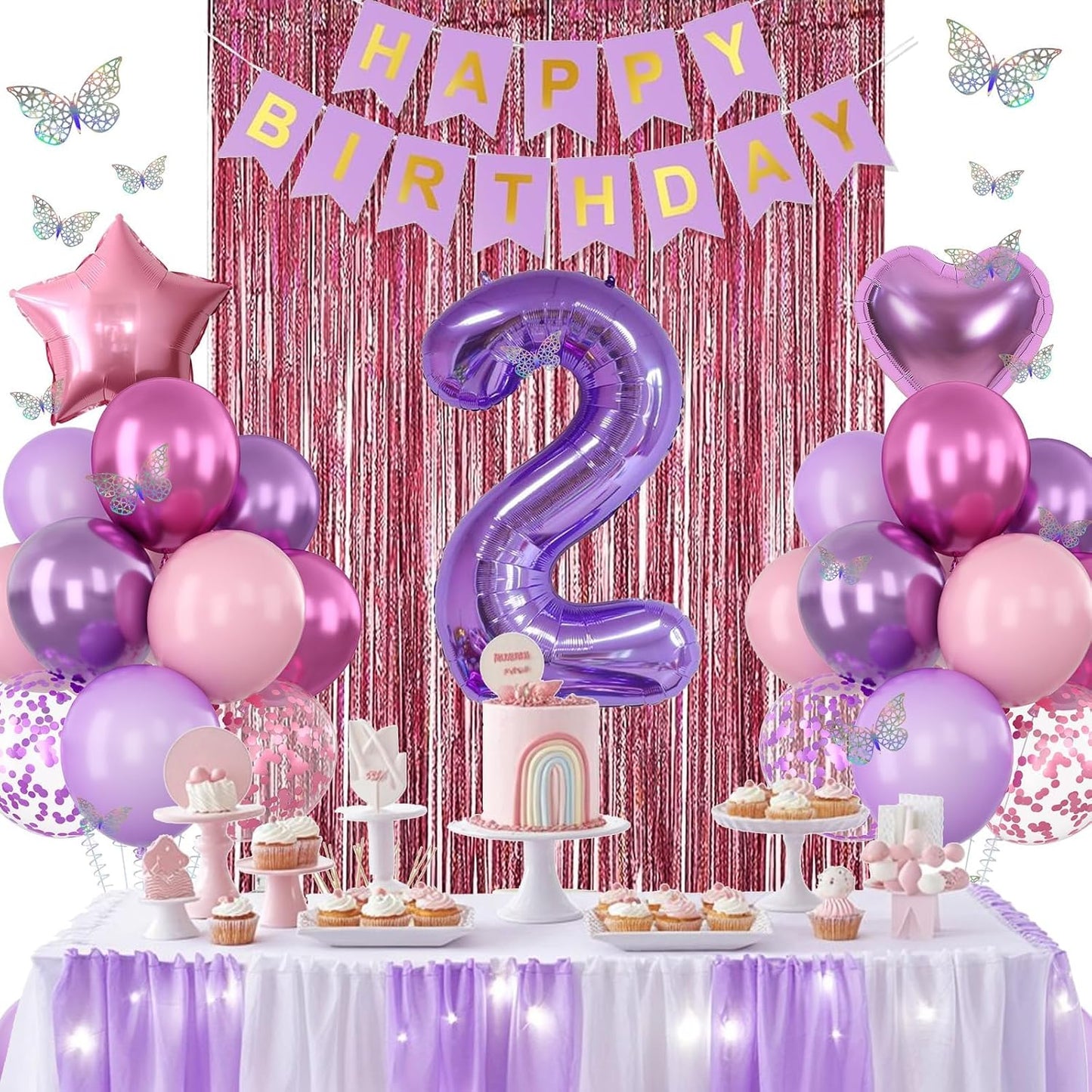 Pink Purple 2nd Birthday Party Decorations for Girls Number 2 Balloon Happy Birthday Banner Butterfly Stickers Fringe Curtain Paper Pom Poms Metallic Hot Pink Star Foil Balloons Baby 2 Year Old Decor