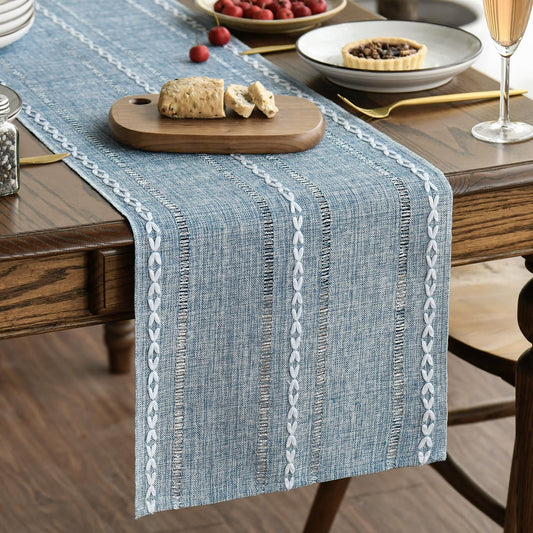 Artoid Mode Dusty Blue Cotton Linen Table Runner, Seasonal Rustic Embroidered Hollow Kitchen Dining Table Decoration for Home Party Decor 13x60 Inch