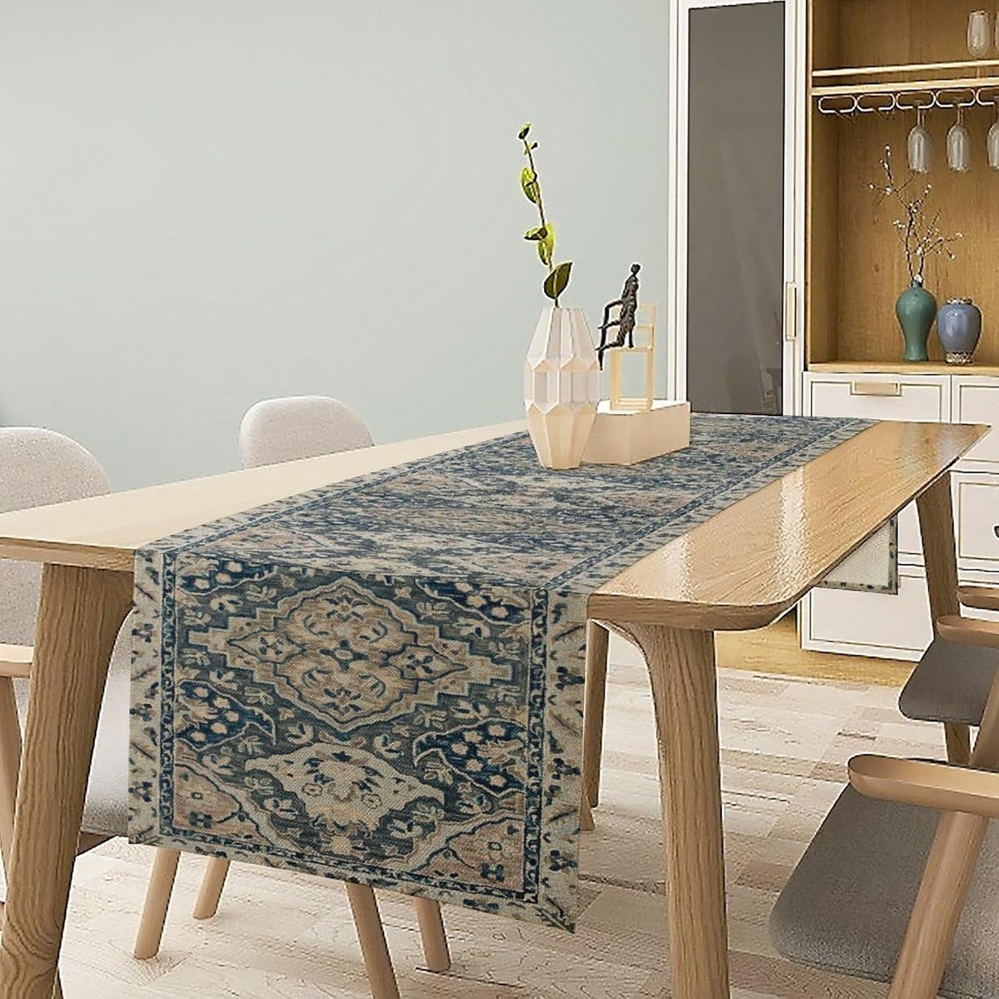 Vintage Boho Floral Table Runner, Rustic Country Farmhouse Blue Grey Retro Flower Pattern for Home Kitchen Table Decor Dining Coffee Room Party Decor 13x60in