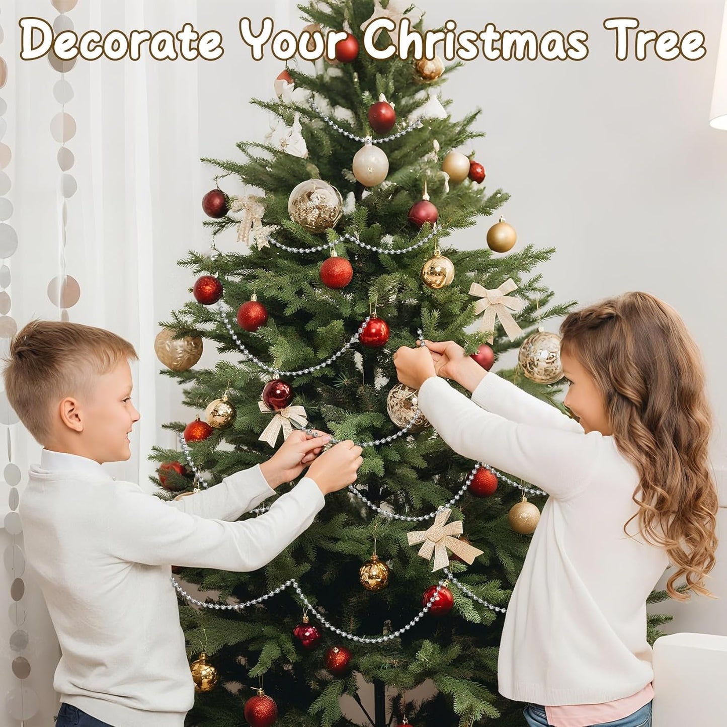 Pearl Beads Garland, 6 MM Silver Faux String of Pearls, Pearl Garland for Christmas Tree 82FT Pearl Beads Strand Spool Bead Roll for Crafts Floral Centerpieces Wedding Party Christmas Tree Decorations